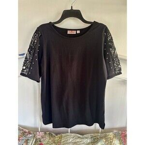Quacker Factory Black Short Sleeve Lace with pearls Holiday Shirt Medium